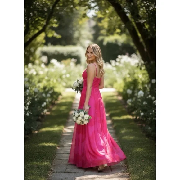 NEW AJE Sway Paneled Red & Pink Fluorescent Rose Spaghetti Strap Midi Dress - Picture 3 of 13